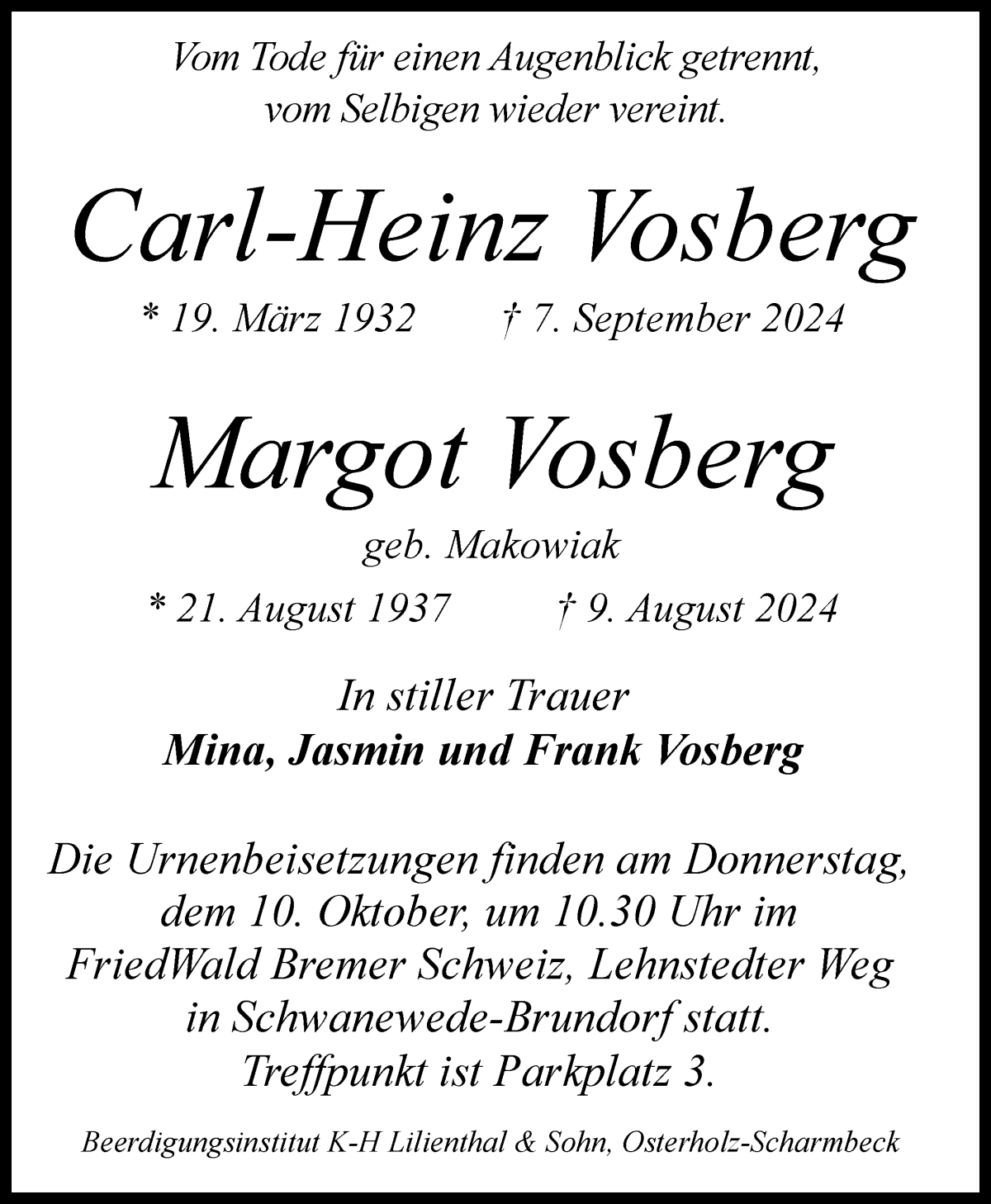 Traueranzeige von Carl-Heinz und Margot Vosberg von Osterholzer Kreisblatt