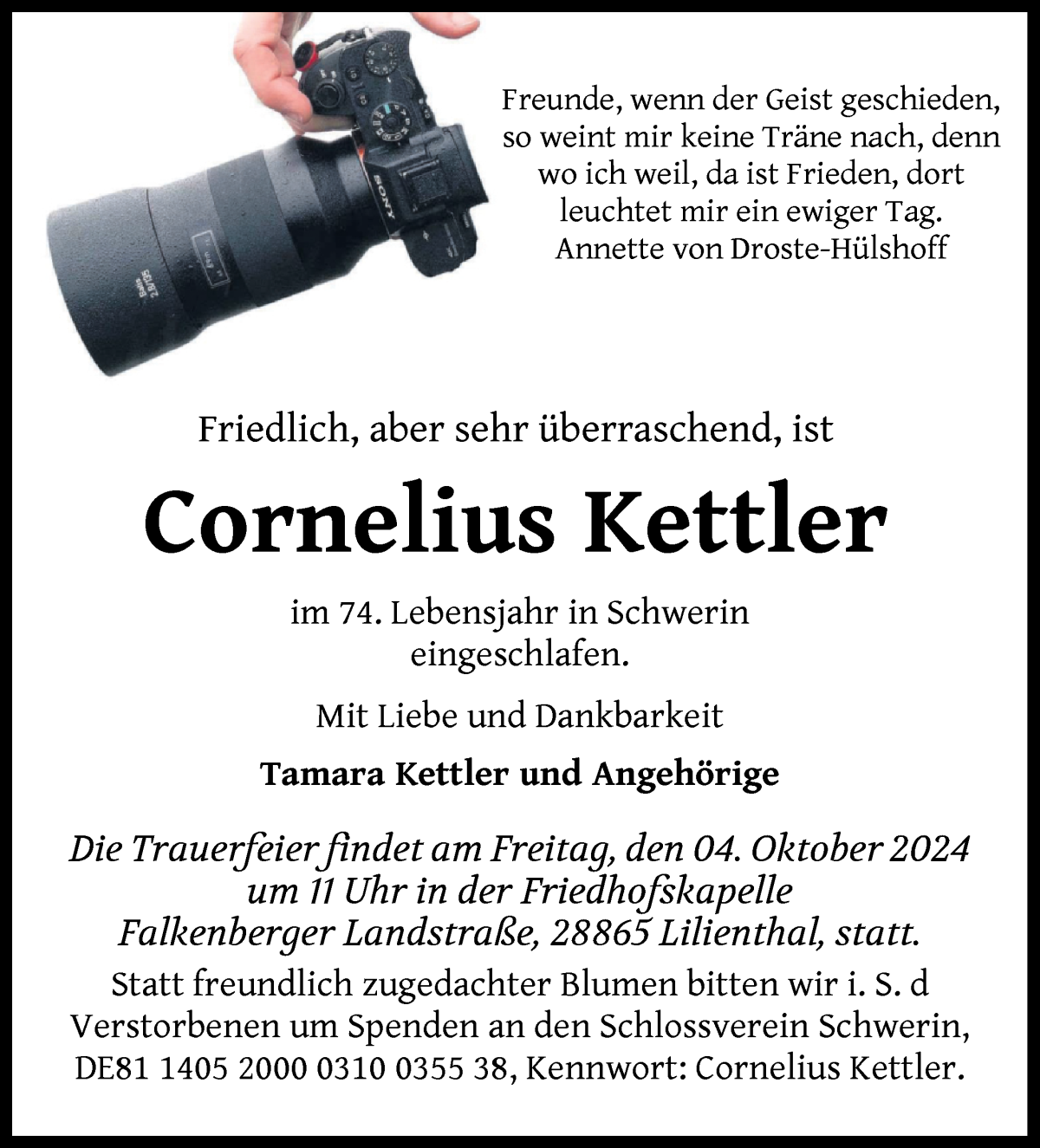 Traueranzeige von Cornelius Kettler von Wuemme Zeitung
