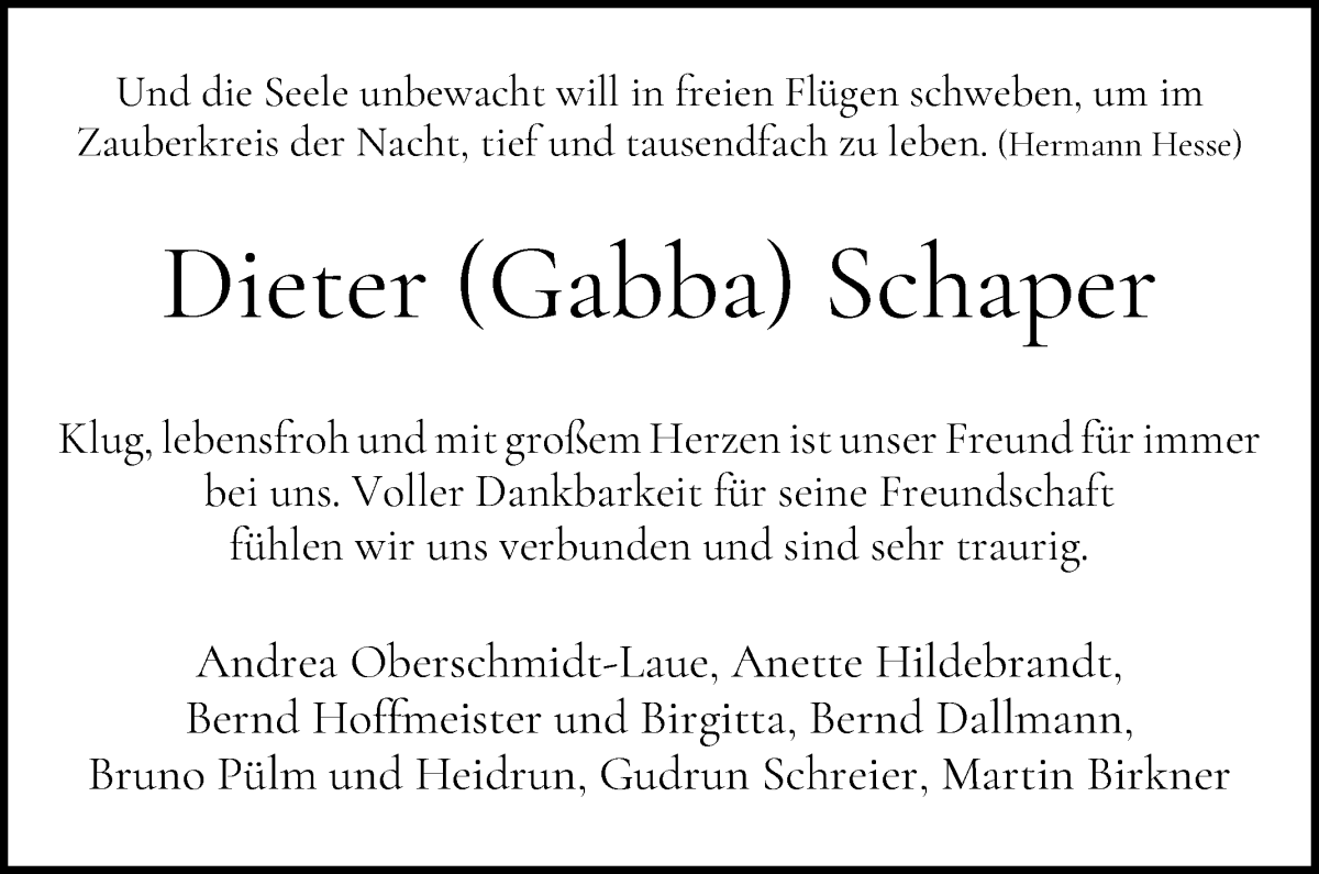 Traueranzeige von Dieter (Gabba) Schaper von WESER-KURIER