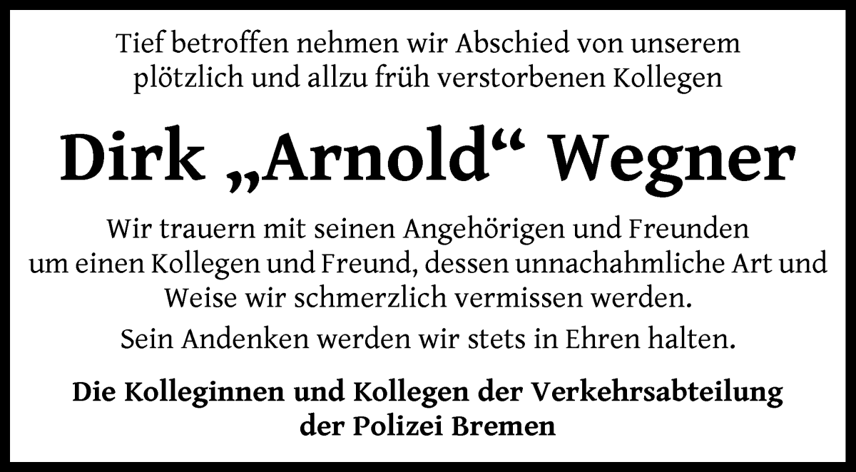 Traueranzeige von Dirk Arnold Wegener von WESER-KURIER