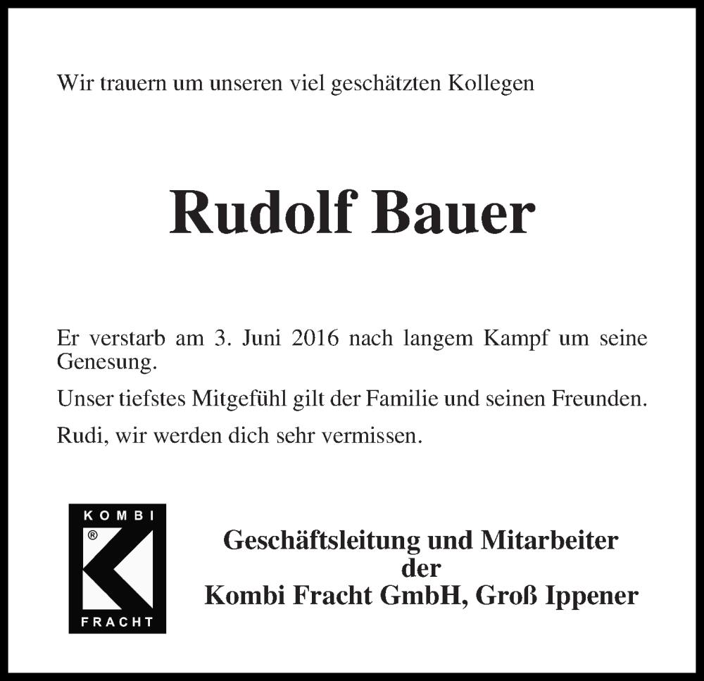 Traueranzeige von Rudolf (Rudi) Bauer 