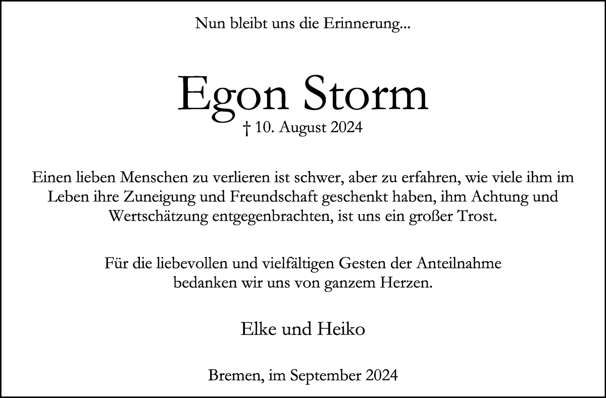 Traueranzeige von Egon Storm von WESER-KURIER