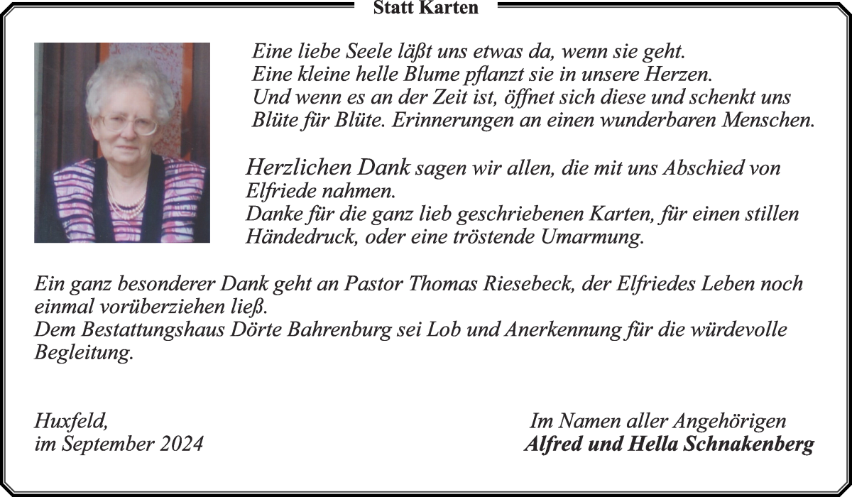 Traueranzeige von Elfriede Schnakenberg von Wuemme Zeitung