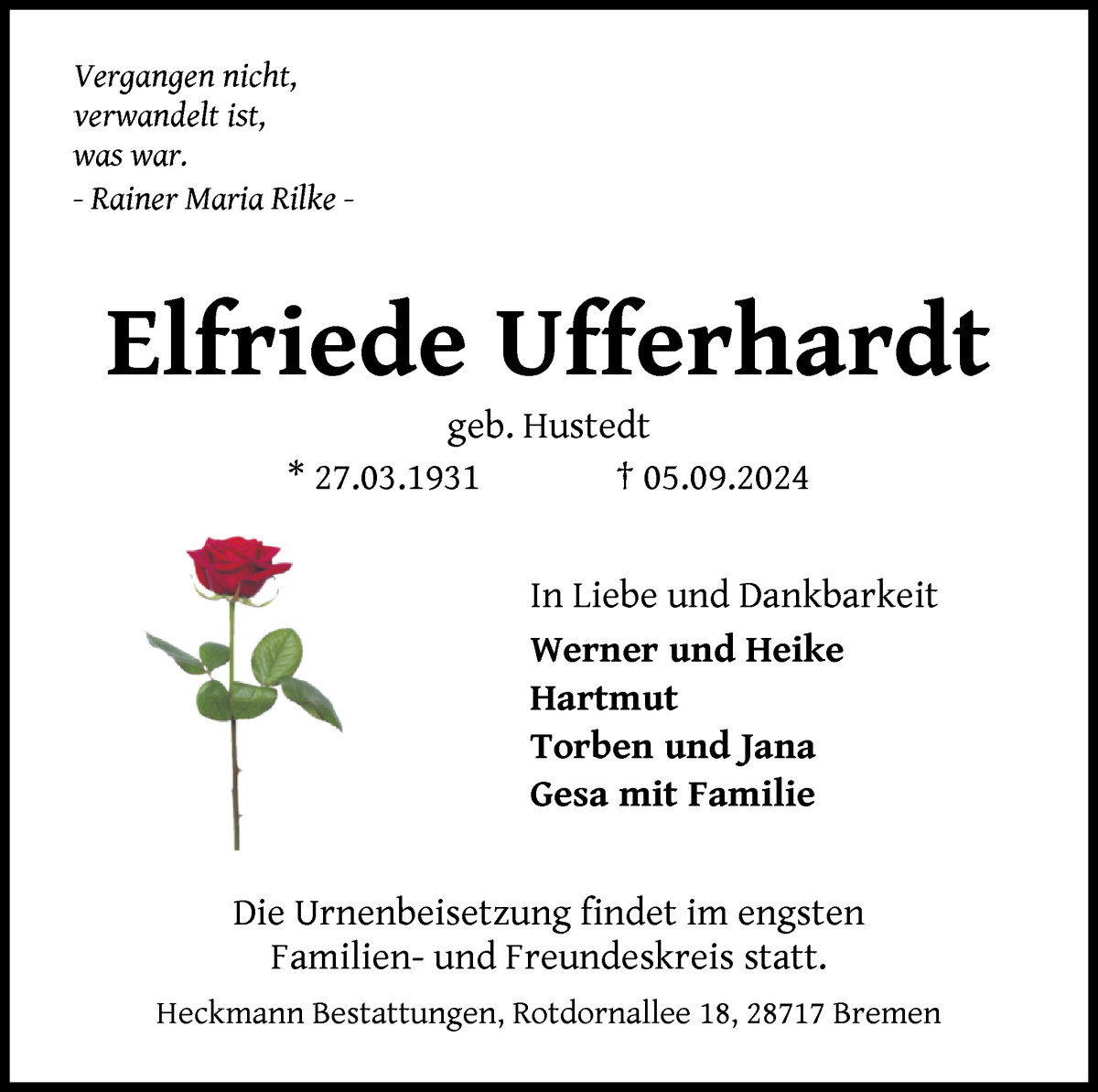 Traueranzeige von Elfriede Ufferhardt von Die Norddeutsche