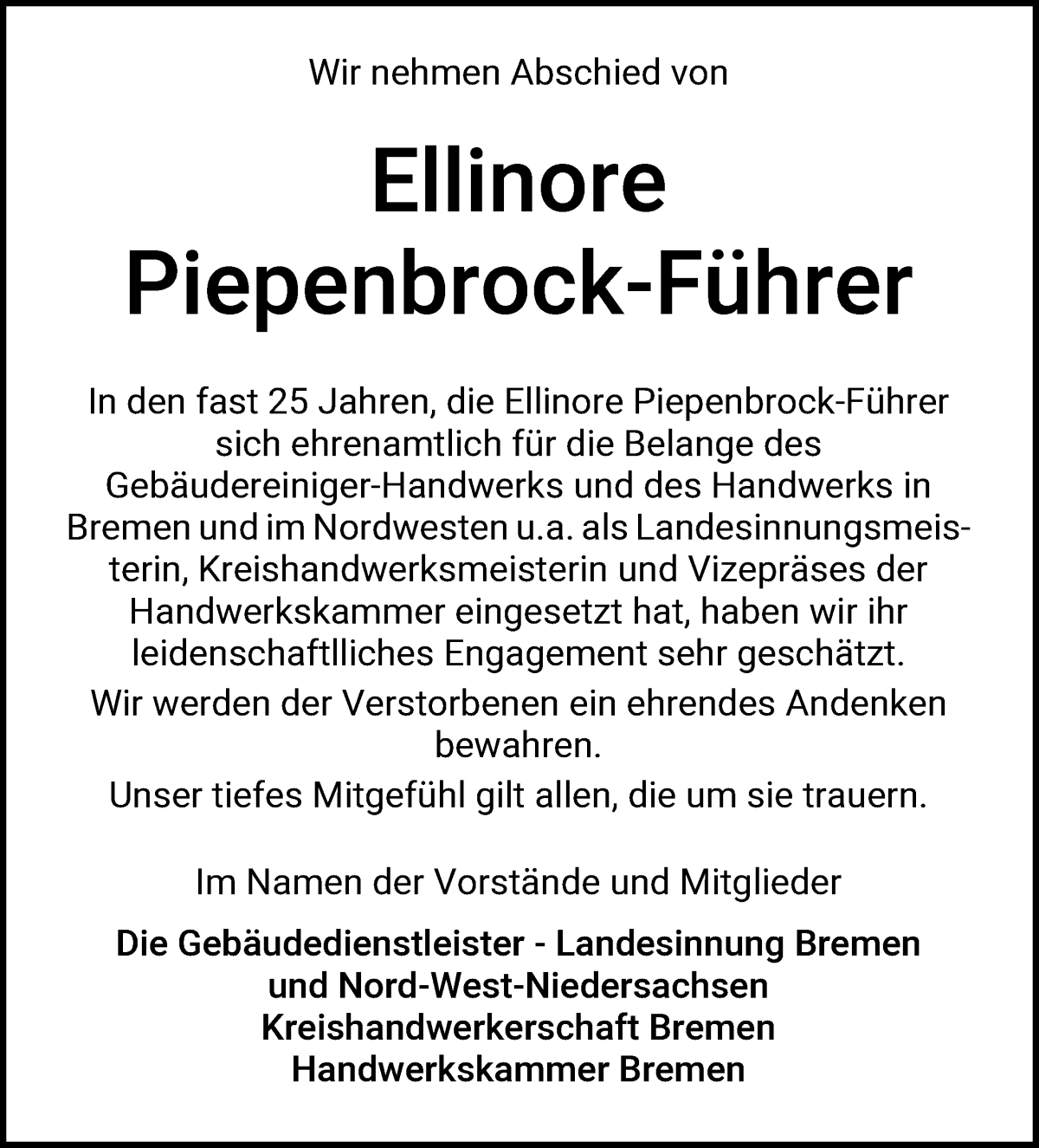 Traueranzeige von Ellinore Piepenbrock-Führer von WESER-KURIER