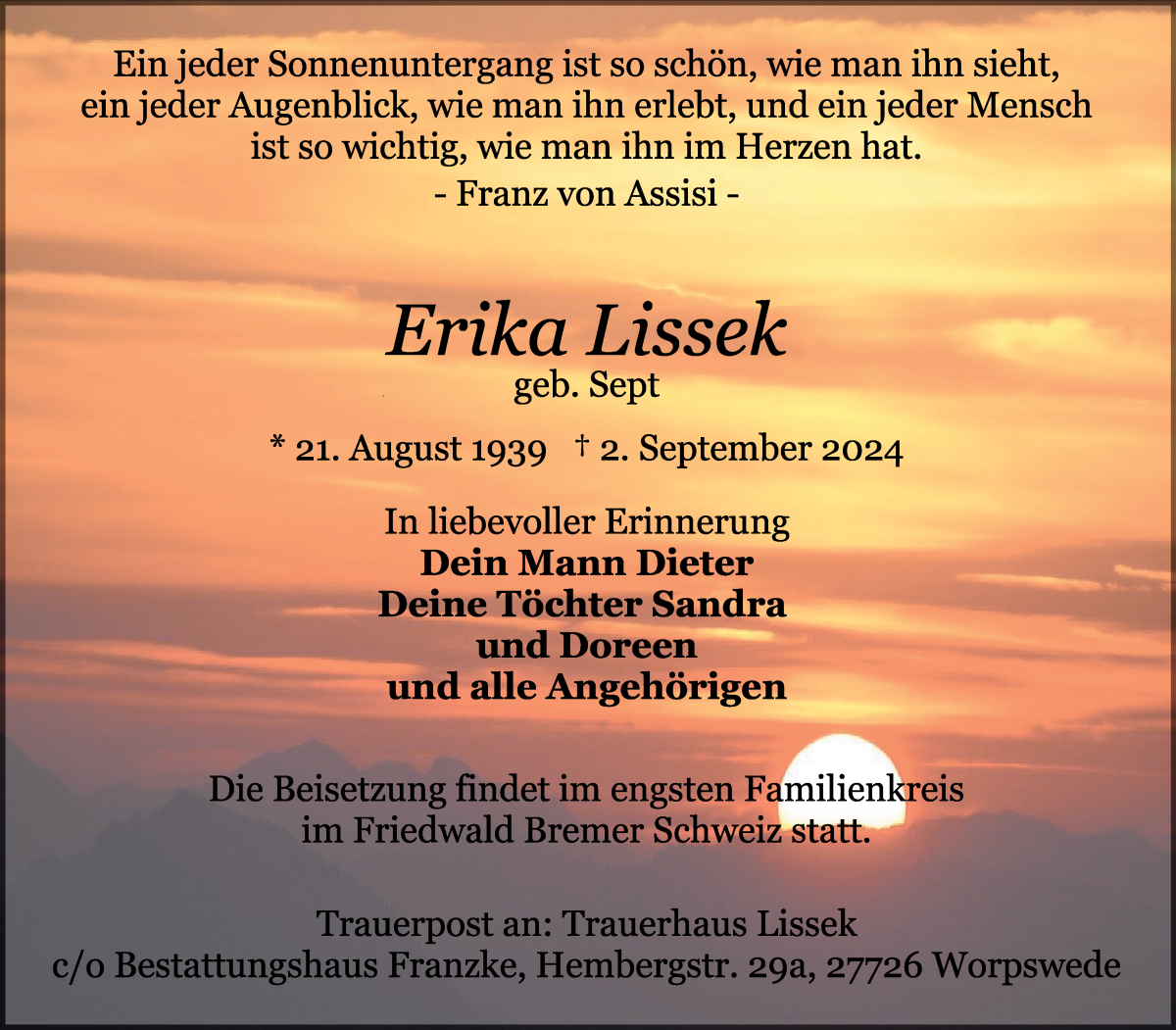 Traueranzeige von Erika Lissek von Osterholzer Kreisblatt