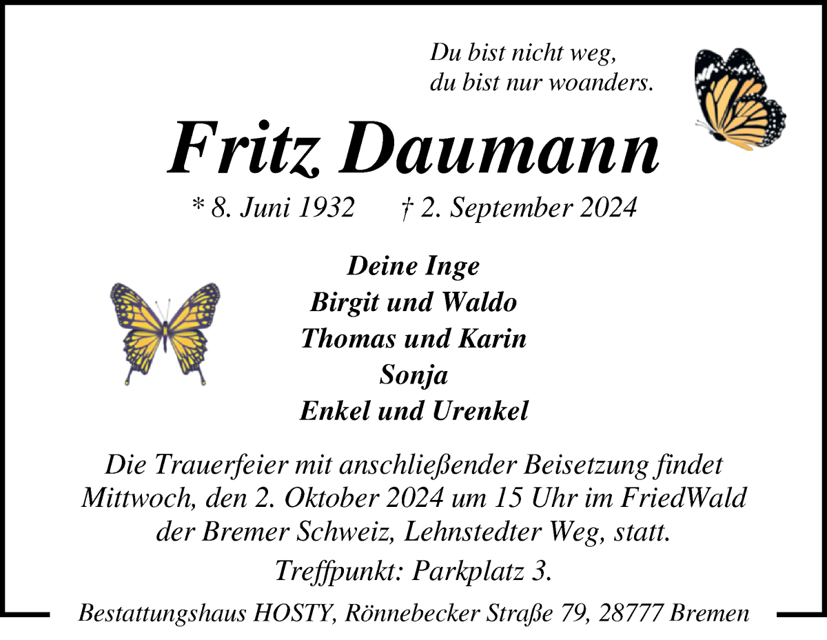 Traueranzeige von Fritz Daumann von WESER-KURIER
