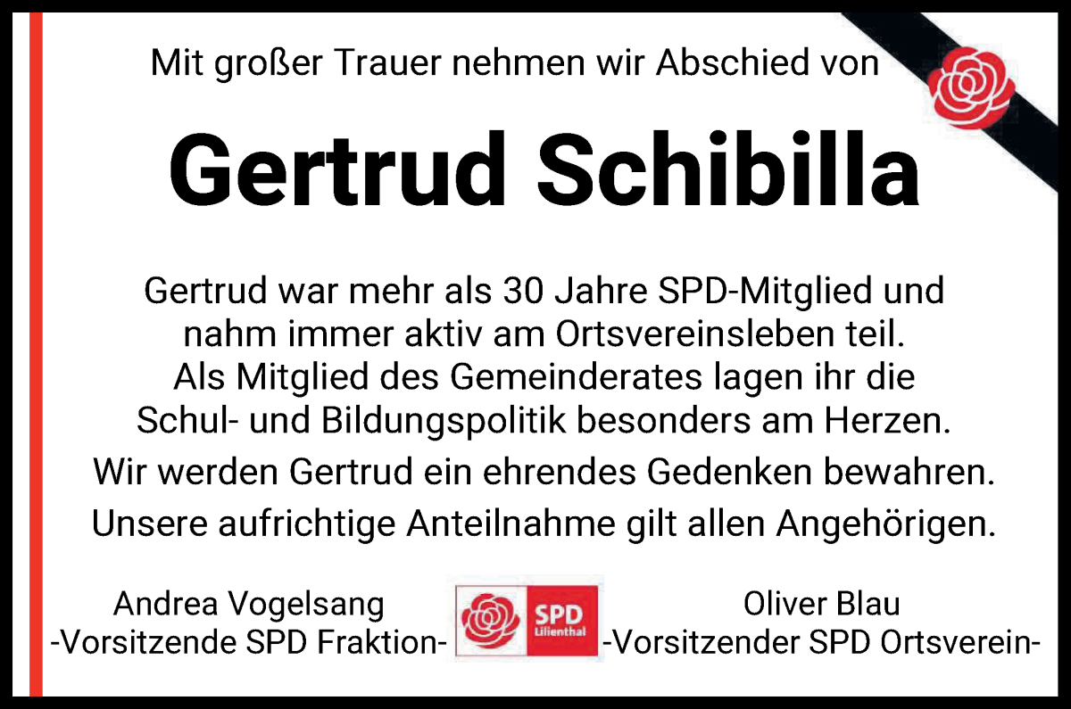 Traueranzeige von Gertrud Schibilla von Wuemme Zeitung