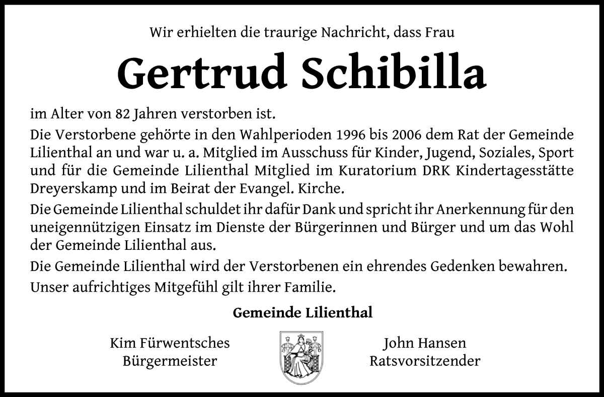 Traueranzeige von Gertrud Schibilla von Wuemme Zeitung