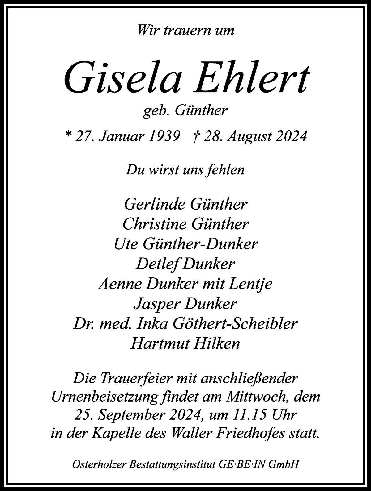 Traueranzeige von Gisela Ehlert von Regionale Rundschau/Syker Kurier