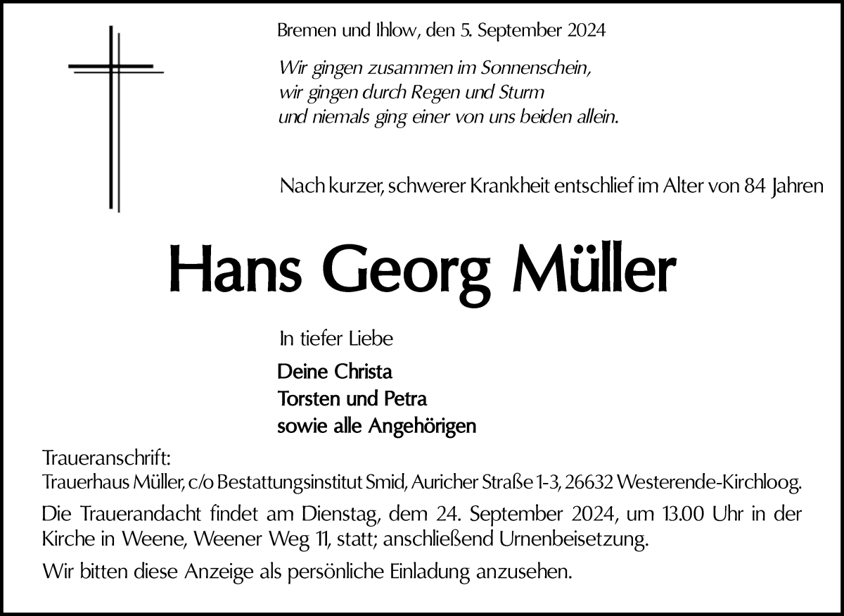 Traueranzeige von Hans Georg Hinrich Müller von WESER-KURIER
