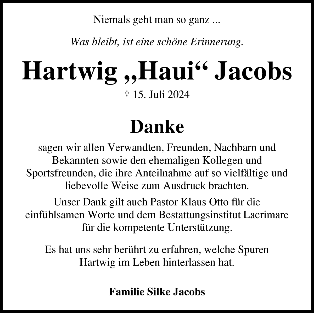 Traueranzeige von Hartwig Jacobs von Osterholzer Kreisblatt