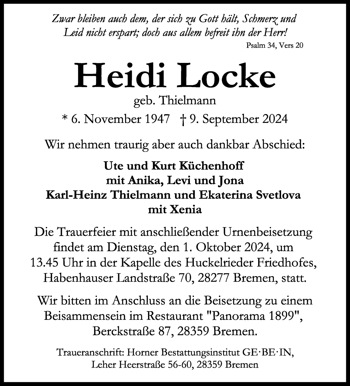 Traueranzeige von Heidi Locke von WESER-KURIER