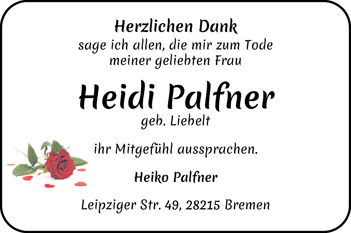 Traueranzeige von Heidi Palfner von WESER-KURIER