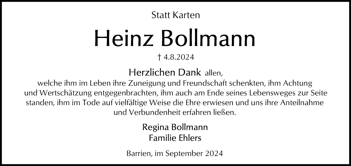 Traueranzeige von Heinz Bollmann von WESER-KURIER