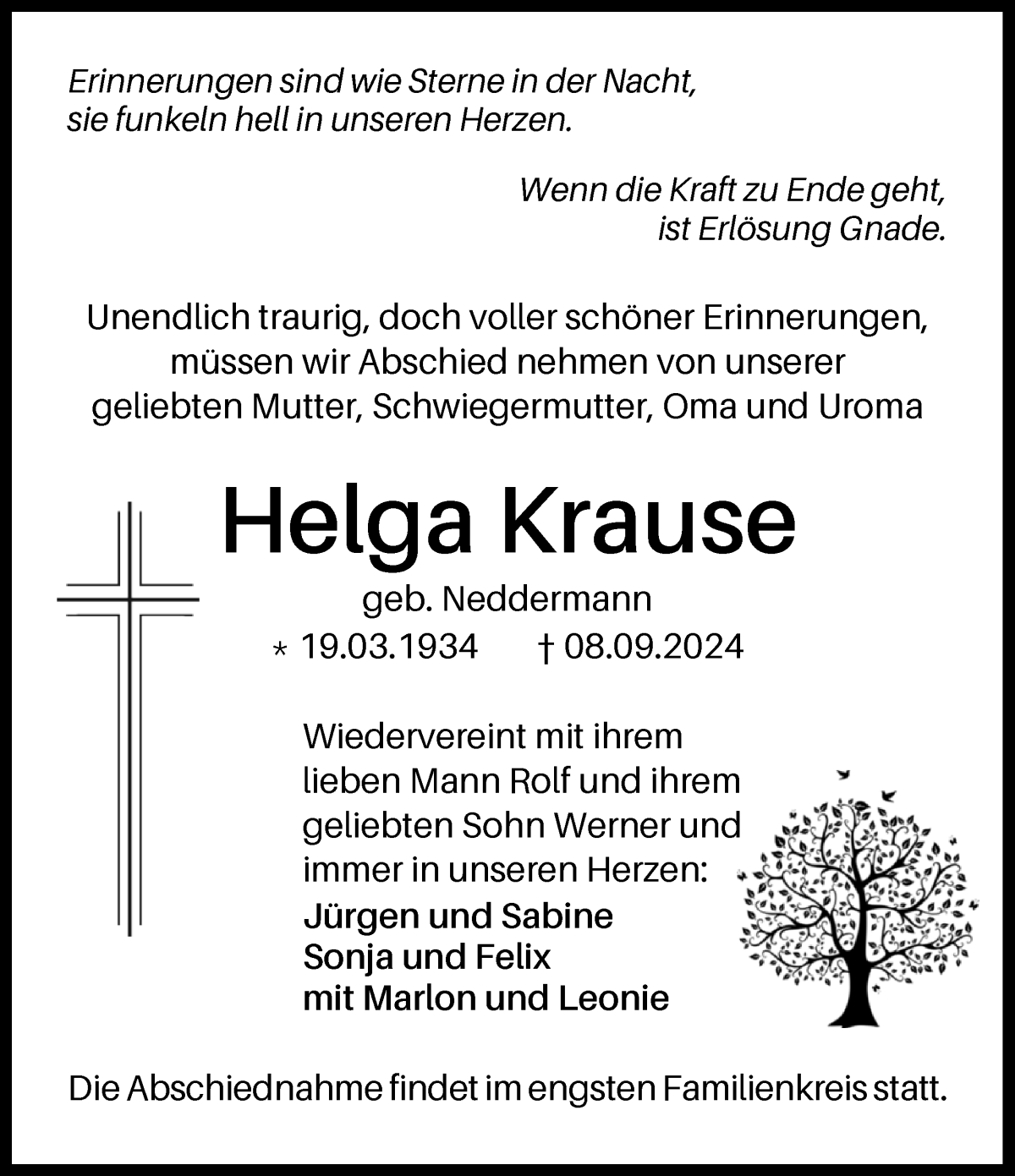 Traueranzeige von Helga Krause von Die Norddeutsche