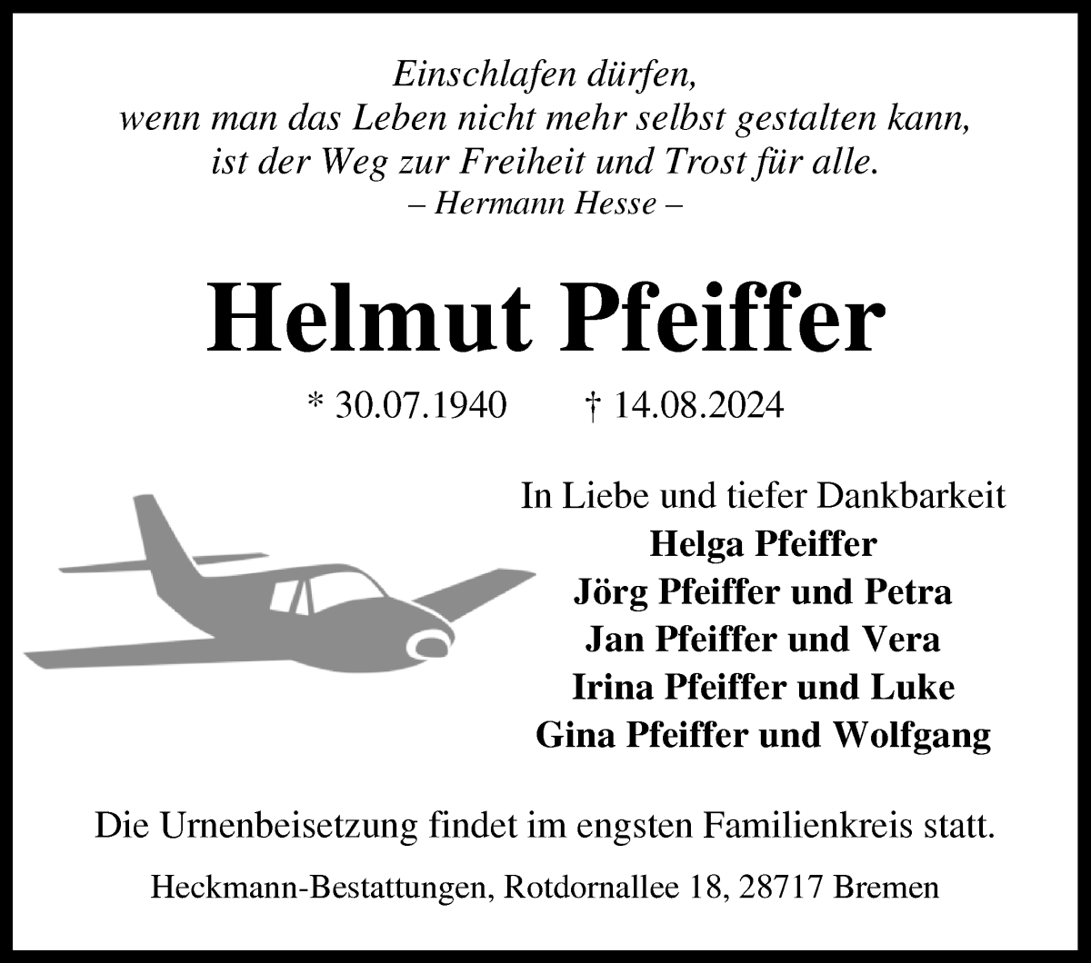 Traueranzeige von Helmut Pfeiffer von Die Norddeutsche