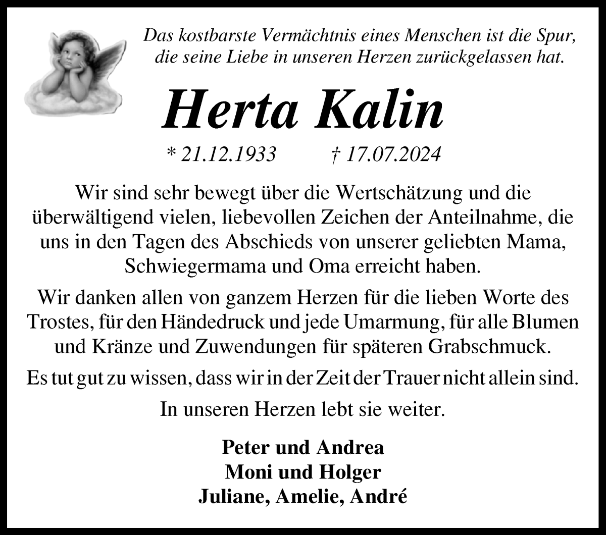 Traueranzeige von Herta Kalin von WESER-KURIER