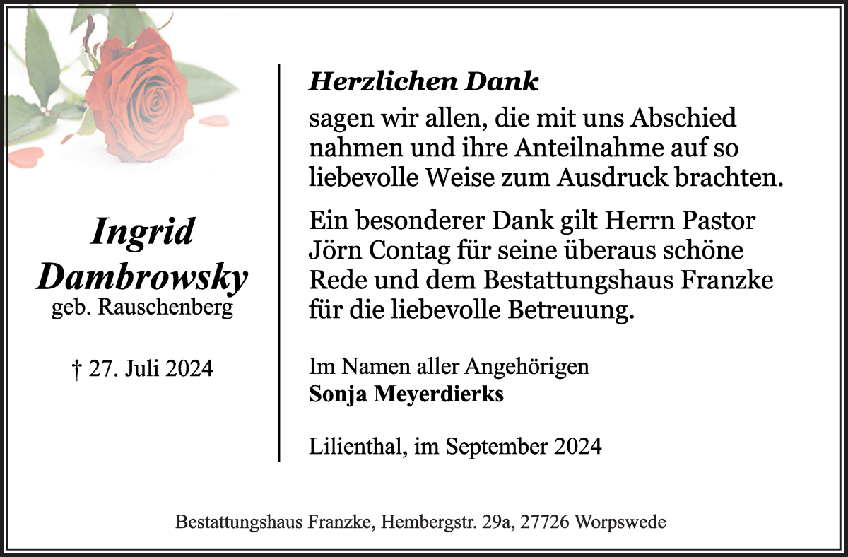 Traueranzeige von Ingrid Dambrowsky von Wuemme Zeitung