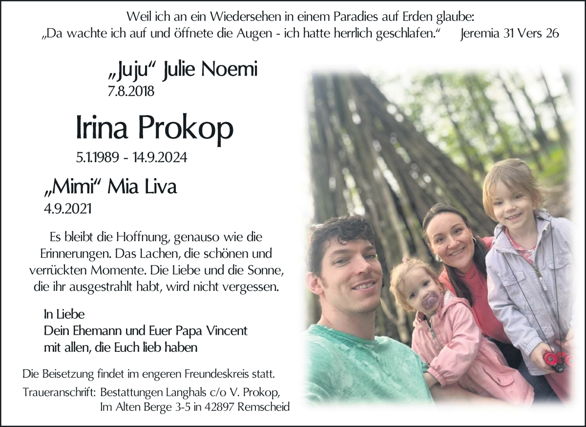 Traueranzeige von Irina und Julie Noemi und Mia Liva Prokop von WESER-KURIER