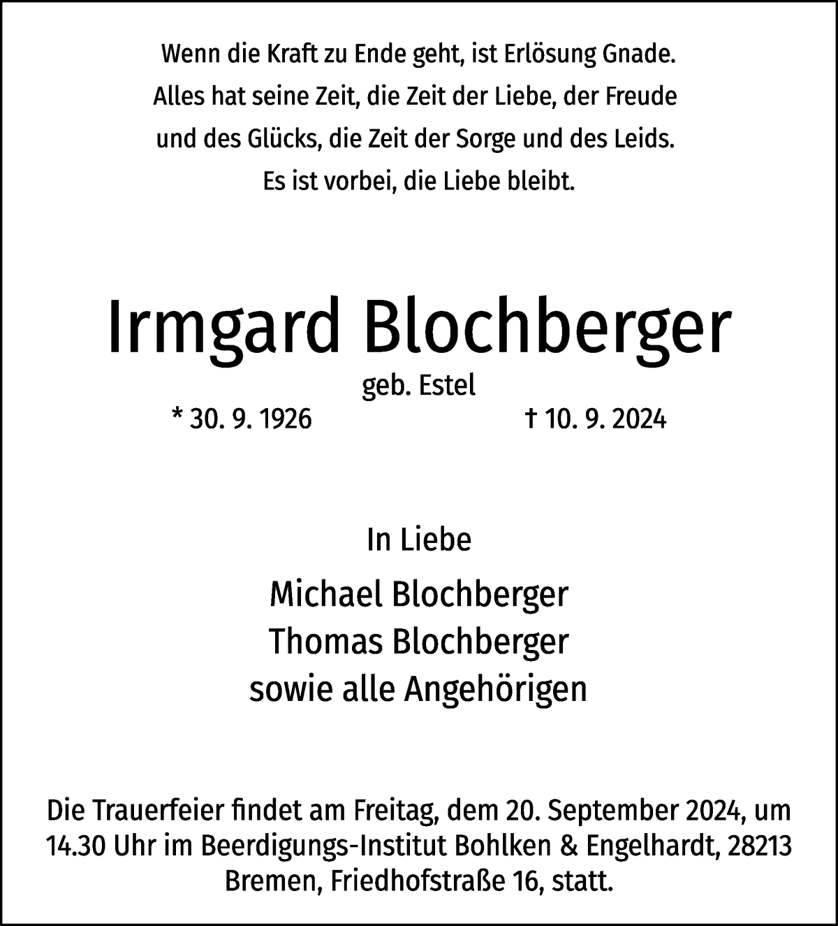 Traueranzeige von Irmgard Blochberger von WESER-KURIER