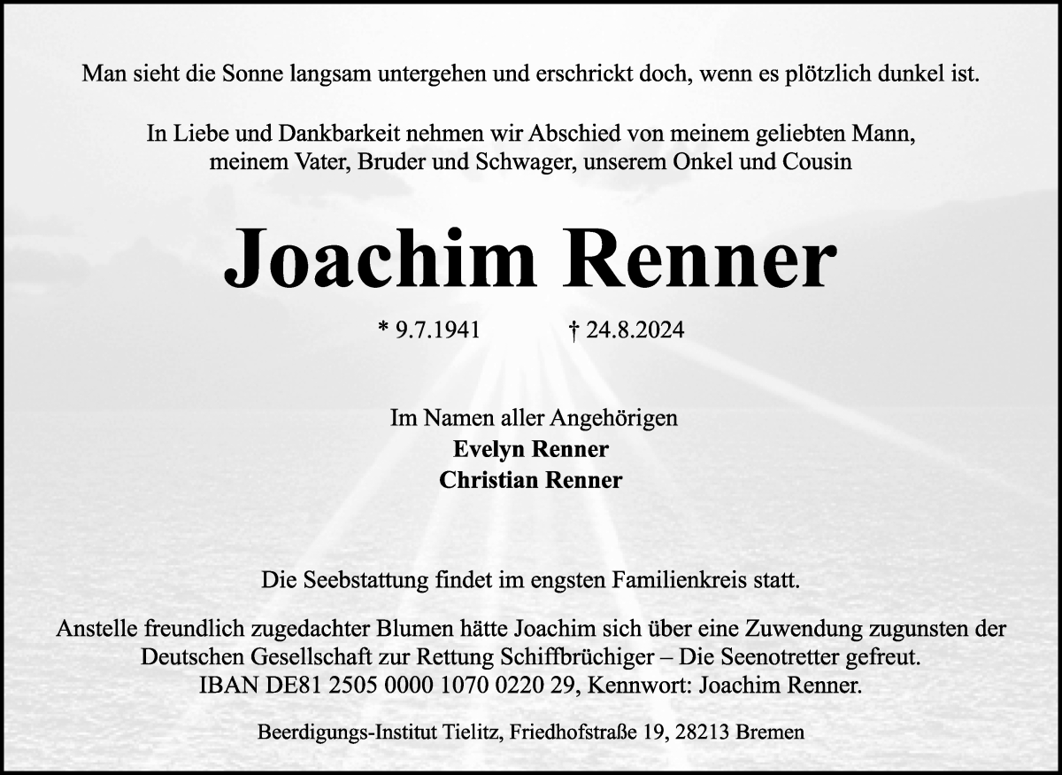 Traueranzeige von Joachim Renner von WESER-KURIER