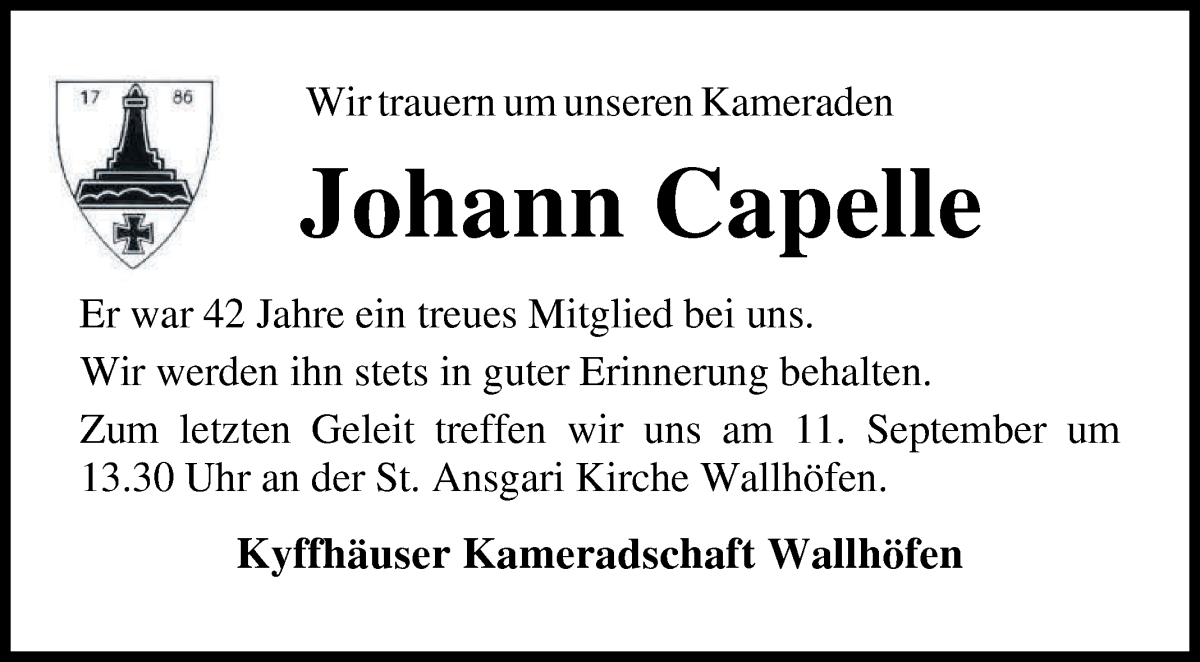 Traueranzeige von Johann Capelle von Osterholzer Kreisblatt