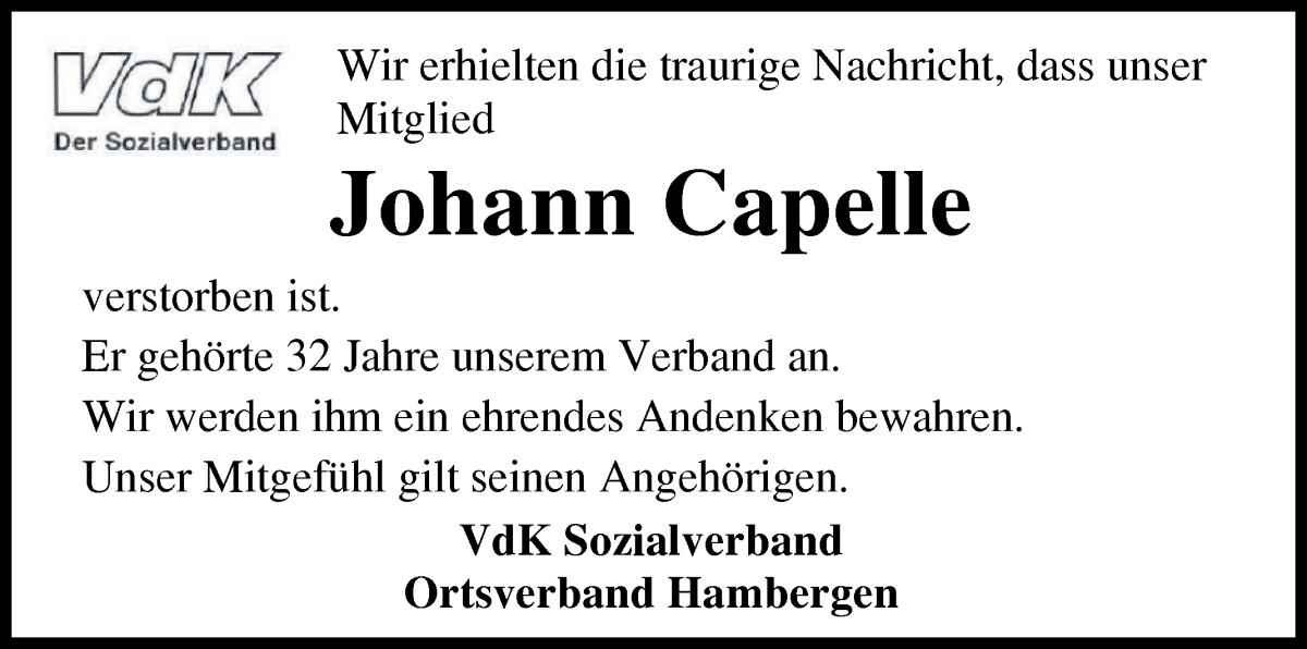 Traueranzeige von Johann Capelle von Osterholzer Kreisblatt