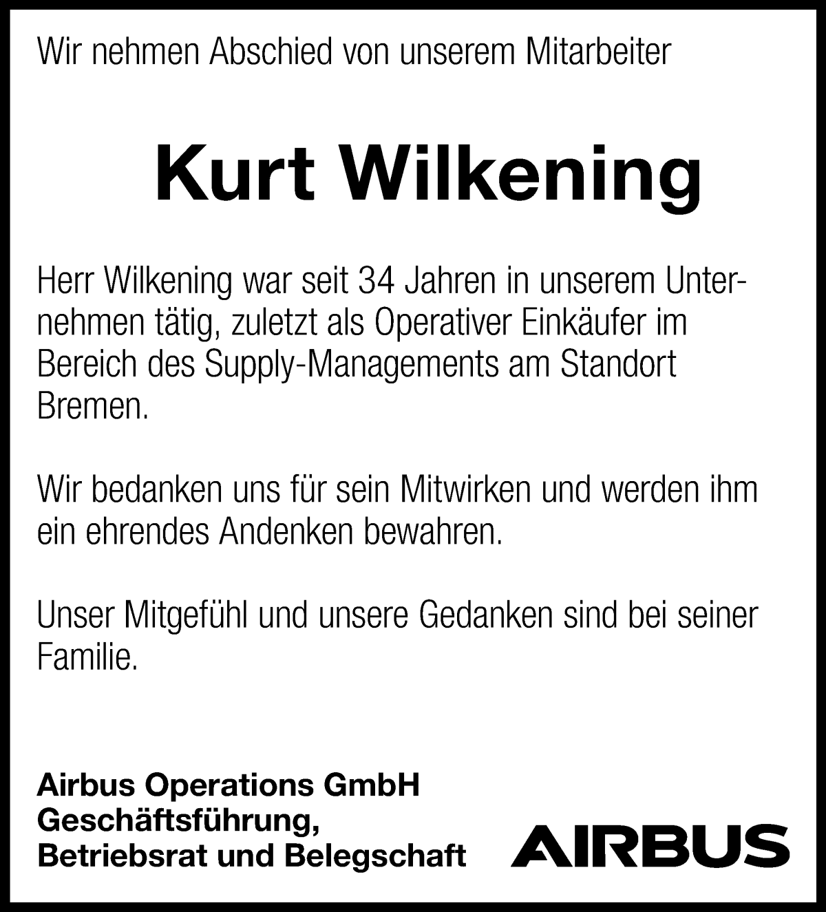 Traueranzeige von Kurt Wilkening von Regionale Rundschau/Syker Kurier
