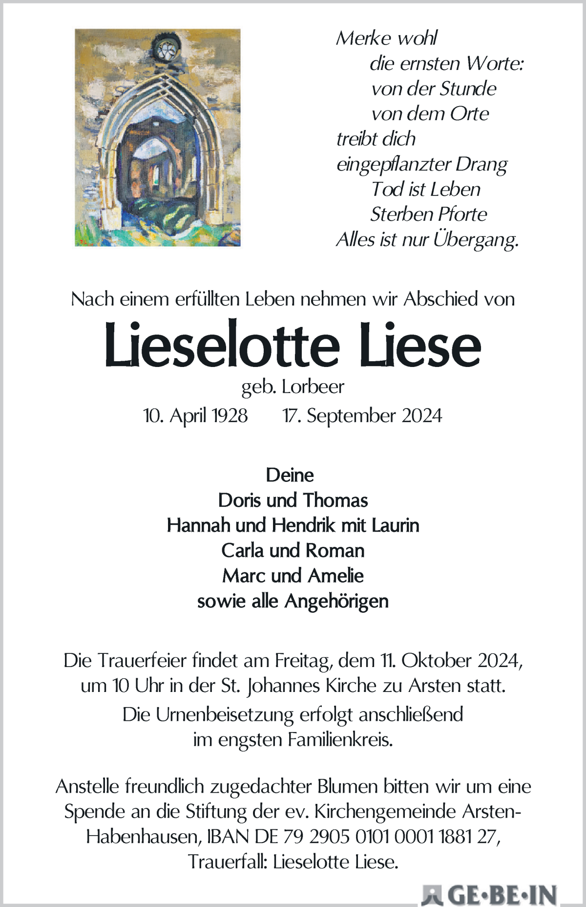 Traueranzeige von Lieselotte Liese von WESER-KURIER