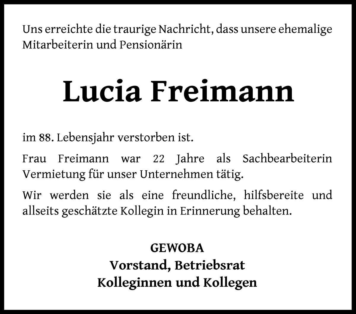 Traueranzeige von Lucia Freimann von WESER-KURIER