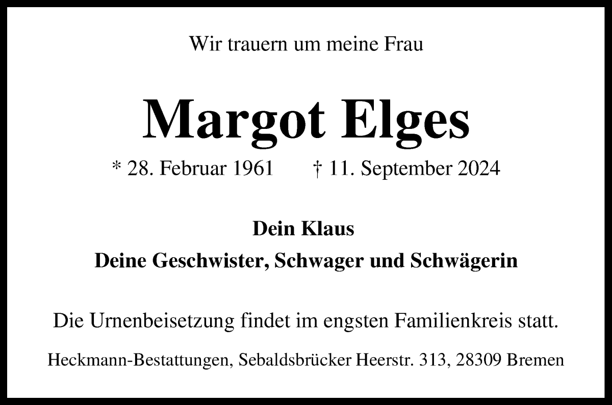 Traueranzeige von Margot Elges von WESER-KURIER