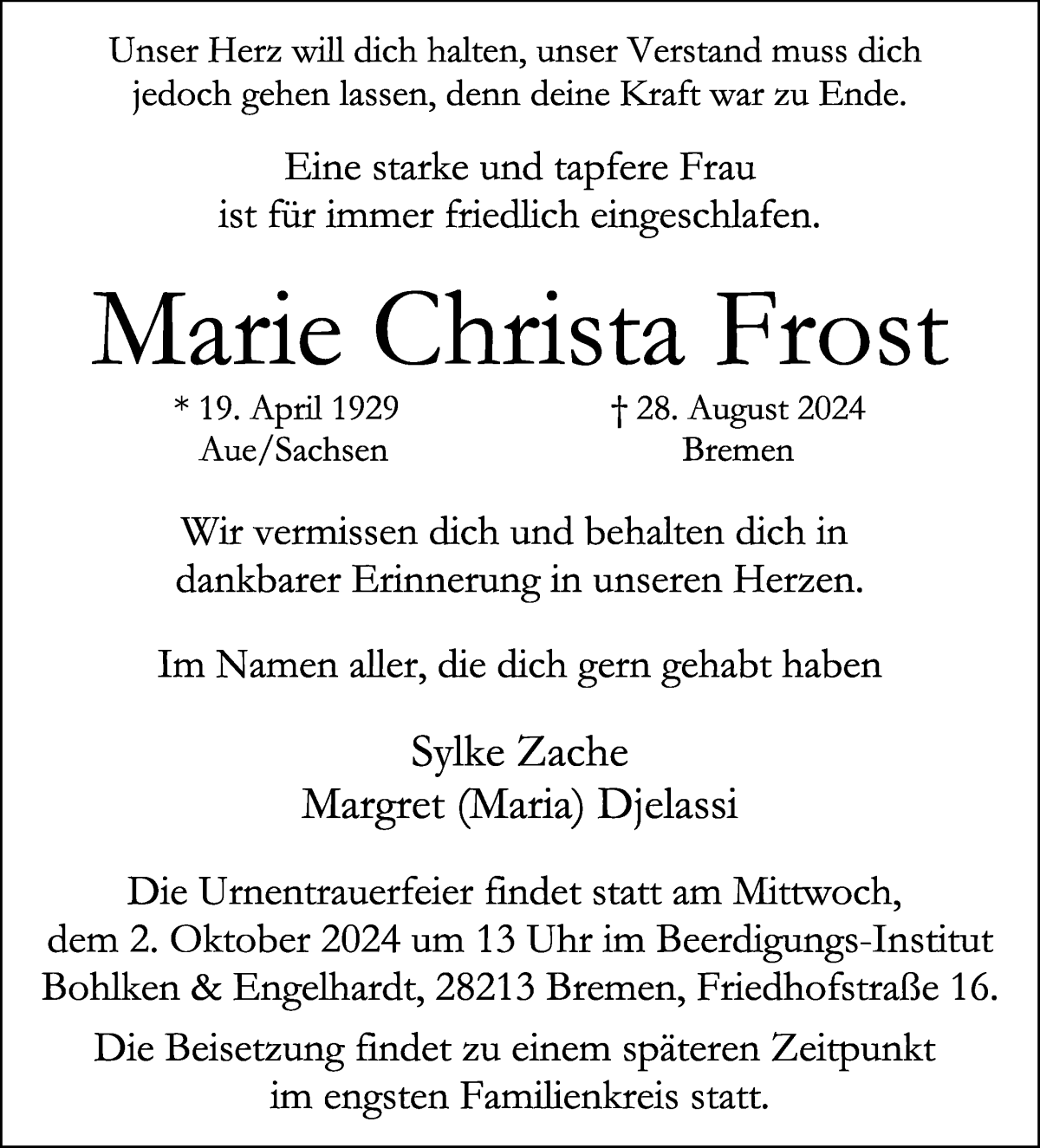 Traueranzeige von Marie Christa Frost von WESER-KURIER