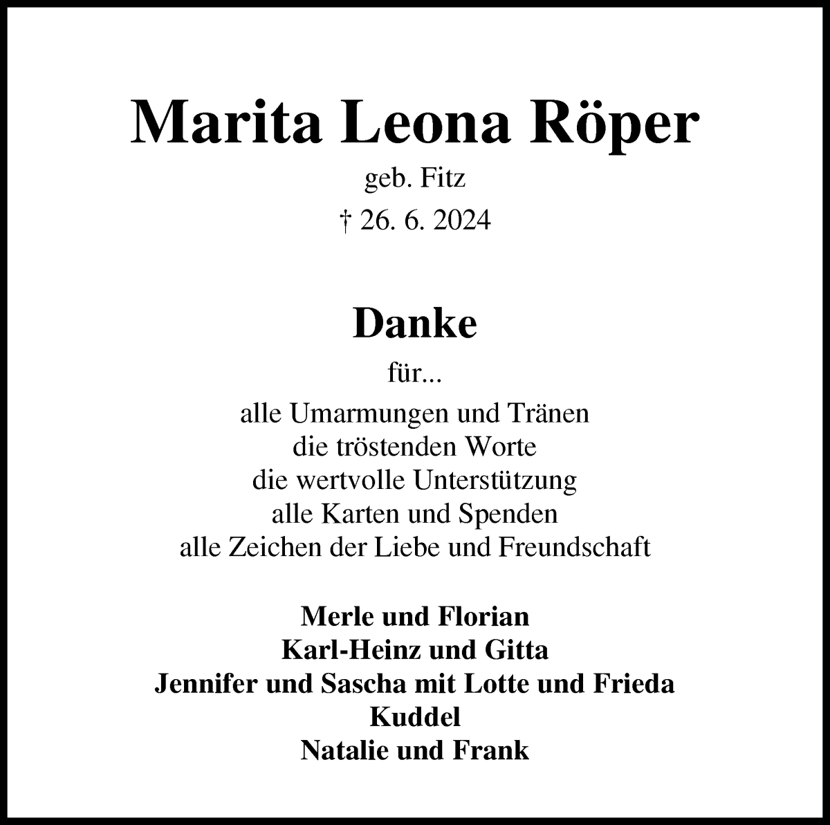 Traueranzeige von Marita Leona Röper von Osterholzer Kreisblatt