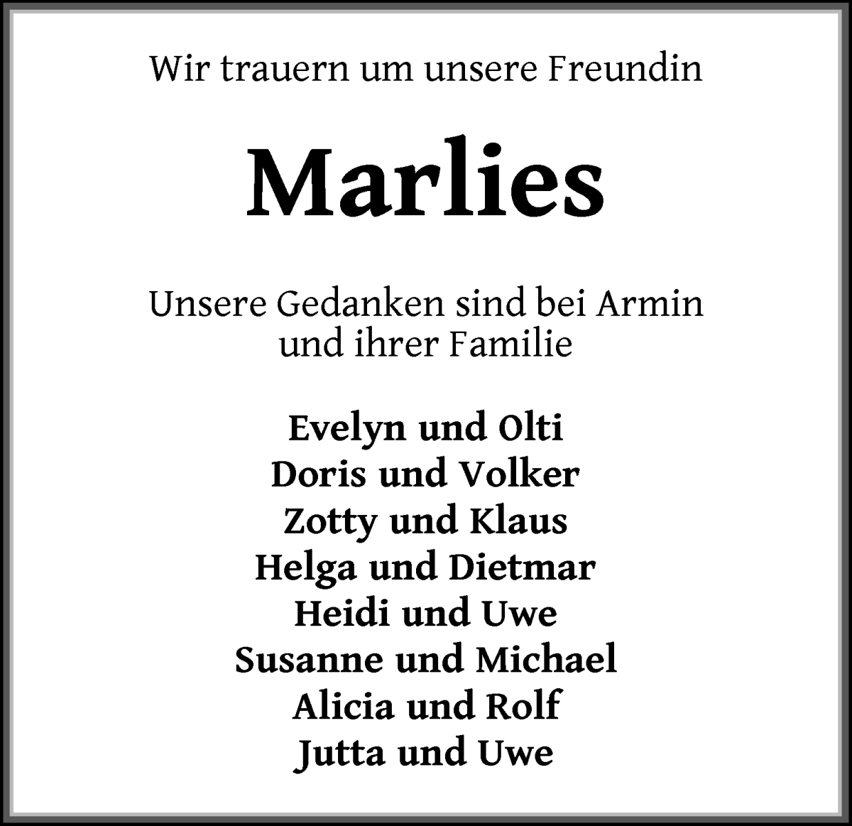 Traueranzeige von Marlies  von WESER-KURIER