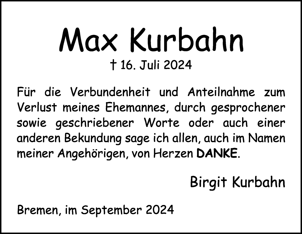 Traueranzeige von Max Kurbahn von WESER-KURIER