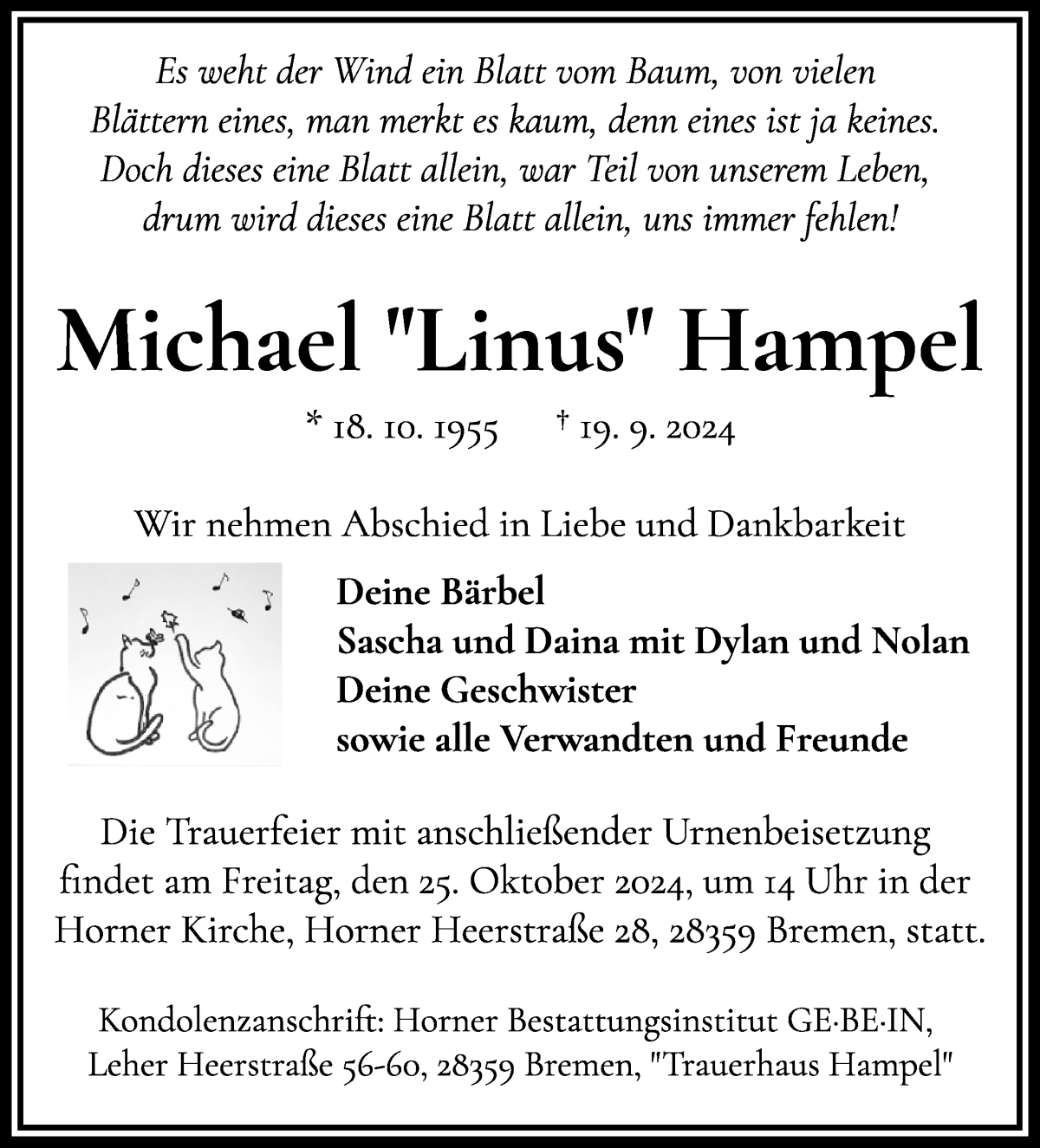 Traueranzeige von Michael Hampel von WESER-KURIER