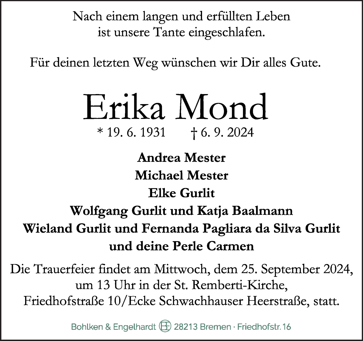 Traueranzeige von Monika Mond von WESER-KURIER