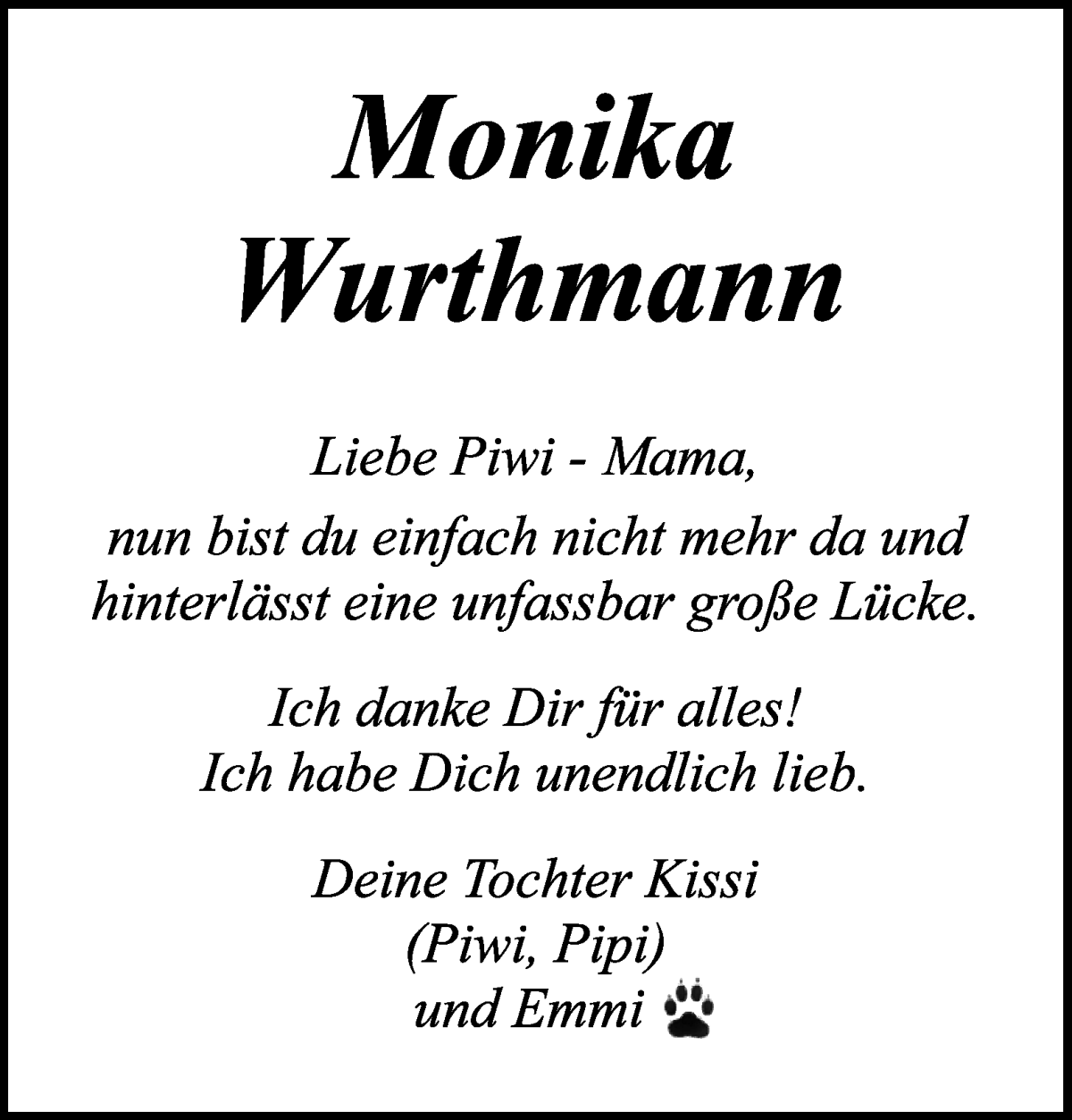 Traueranzeige von Monika Wurthmann von WESER-KURIER