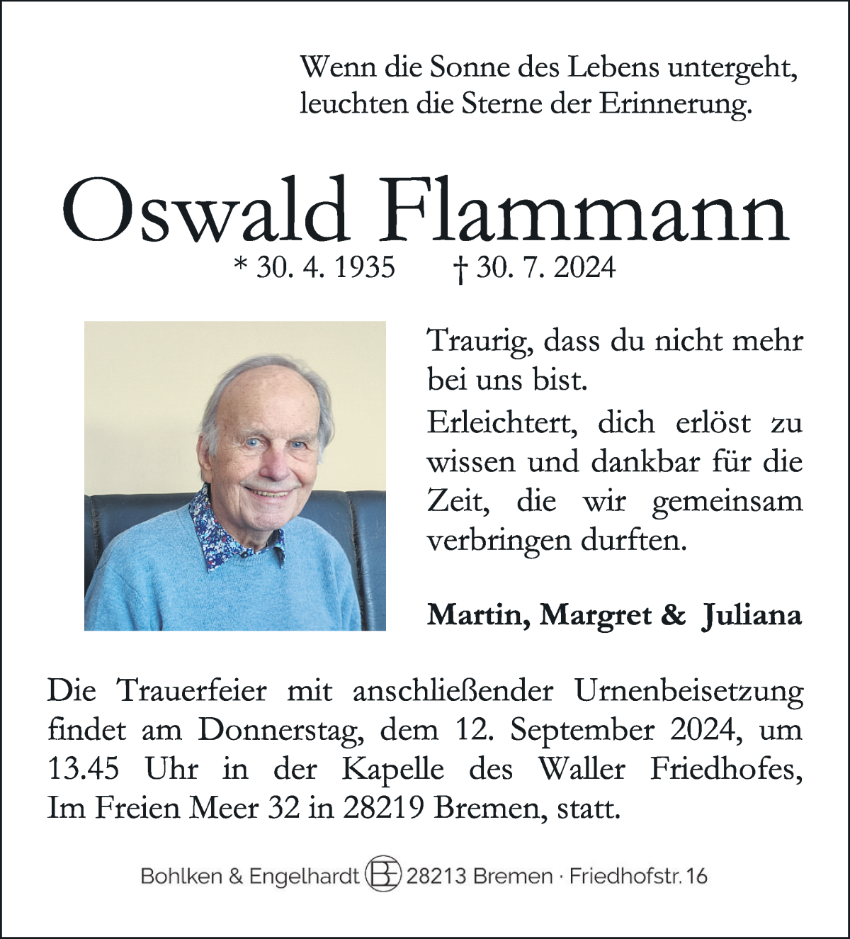 Traueranzeige von Oswald Flamann von WESER-KURIER
