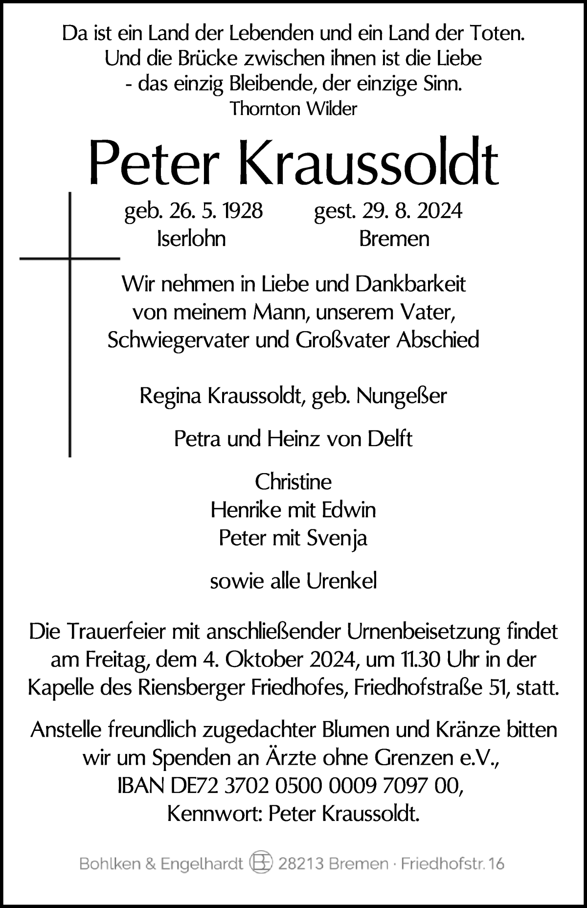 Traueranzeige von Peter Kraussoldt von WESER-KURIER