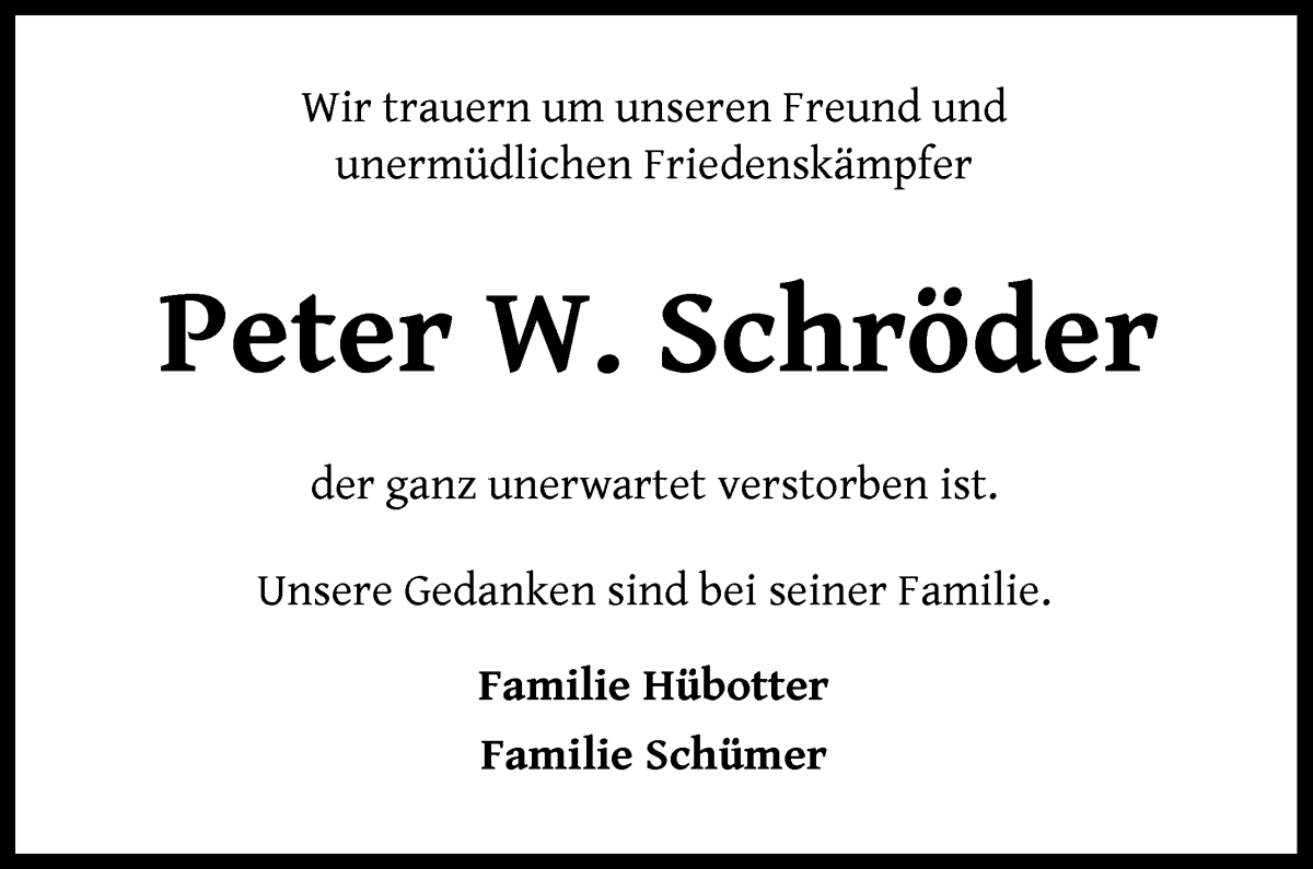 Traueranzeige von Peter W. Schröder von WESER-KURIER