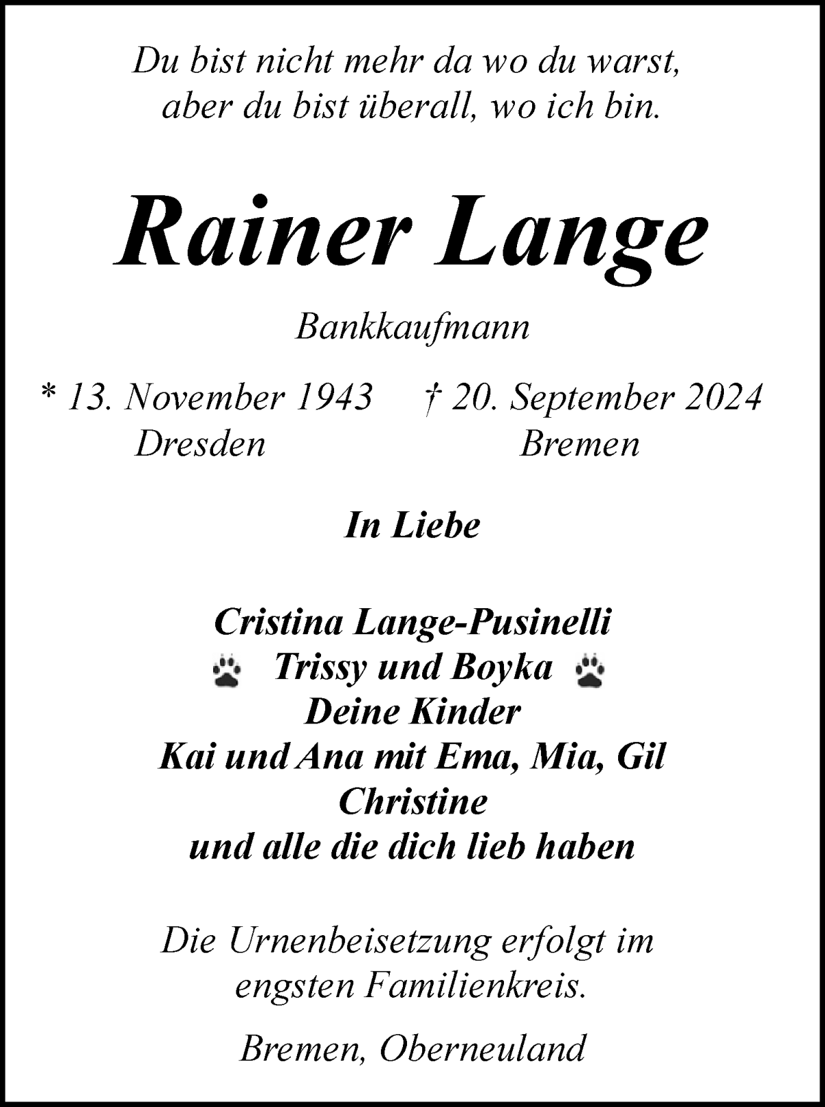 Traueranzeige von Rainer Lange von WESER-KURIER