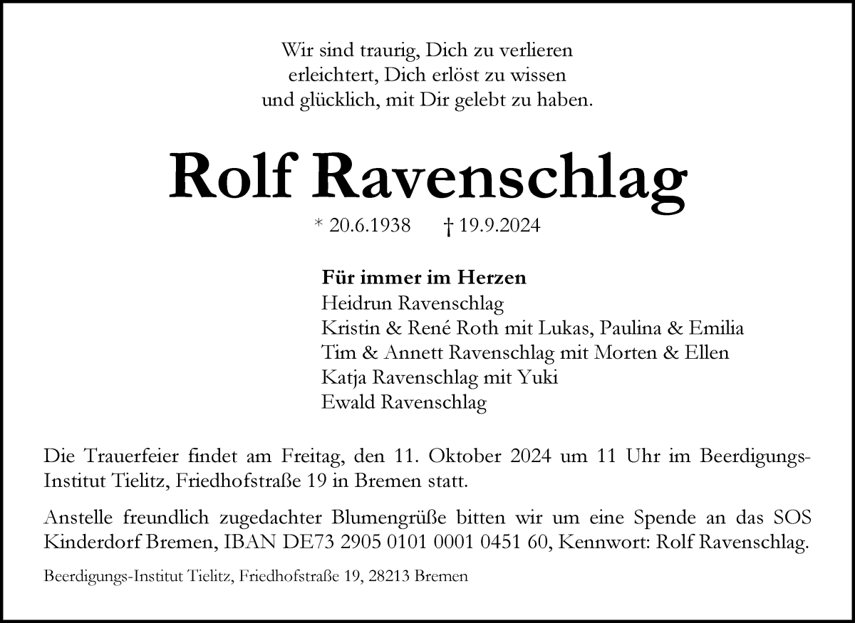 Traueranzeige von Rolf Ravenschlag von WESER-KURIER