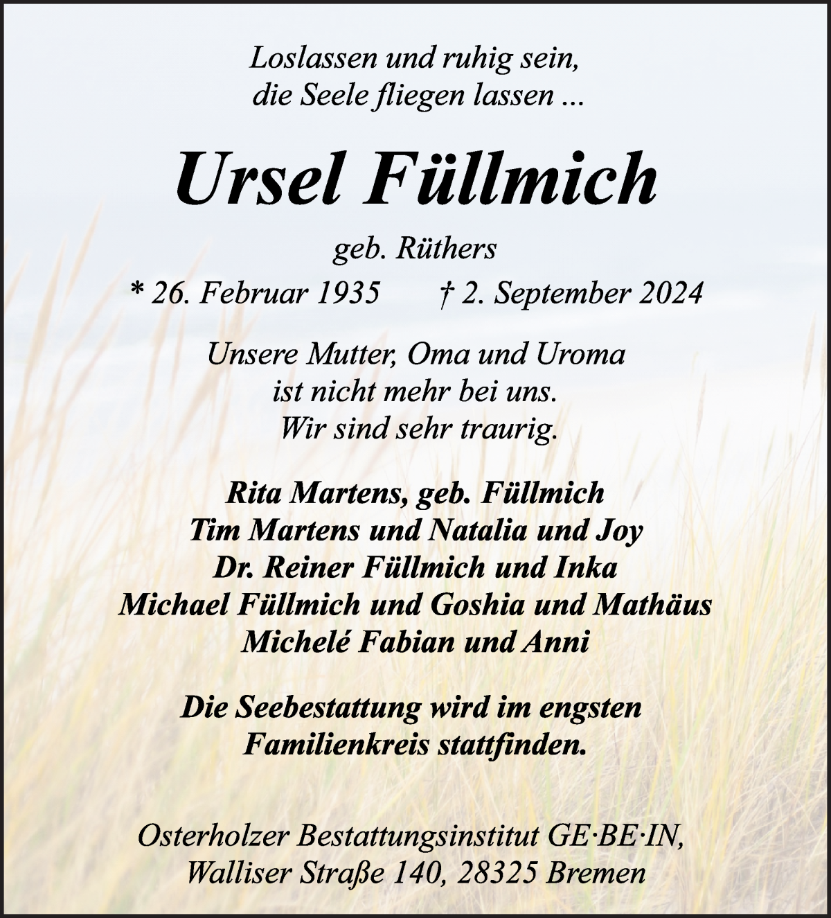 Traueranzeige von Ursel Füllmich von WESER-KURIER