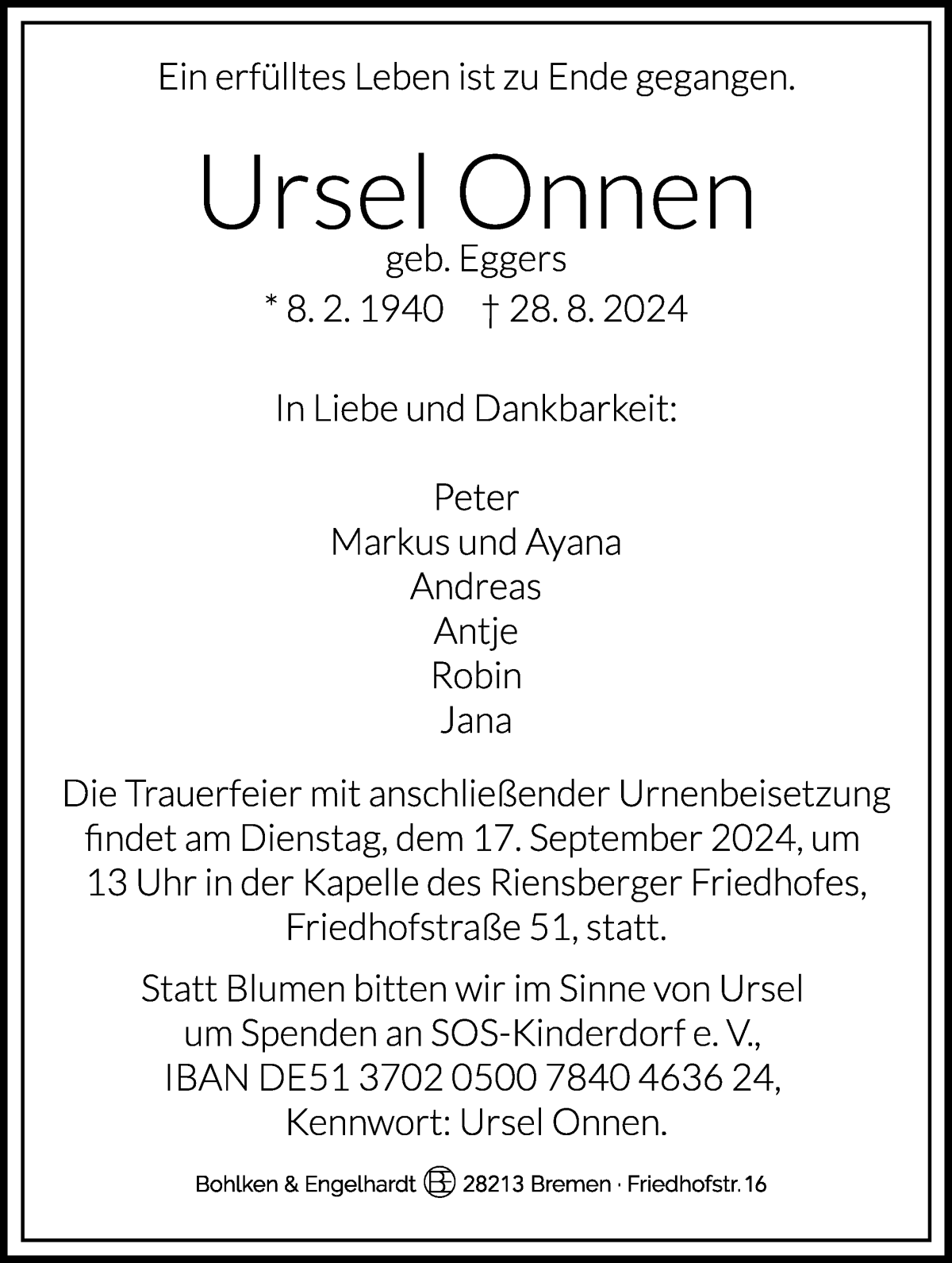 Traueranzeige von Ursel Onnen von WESER-KURIER