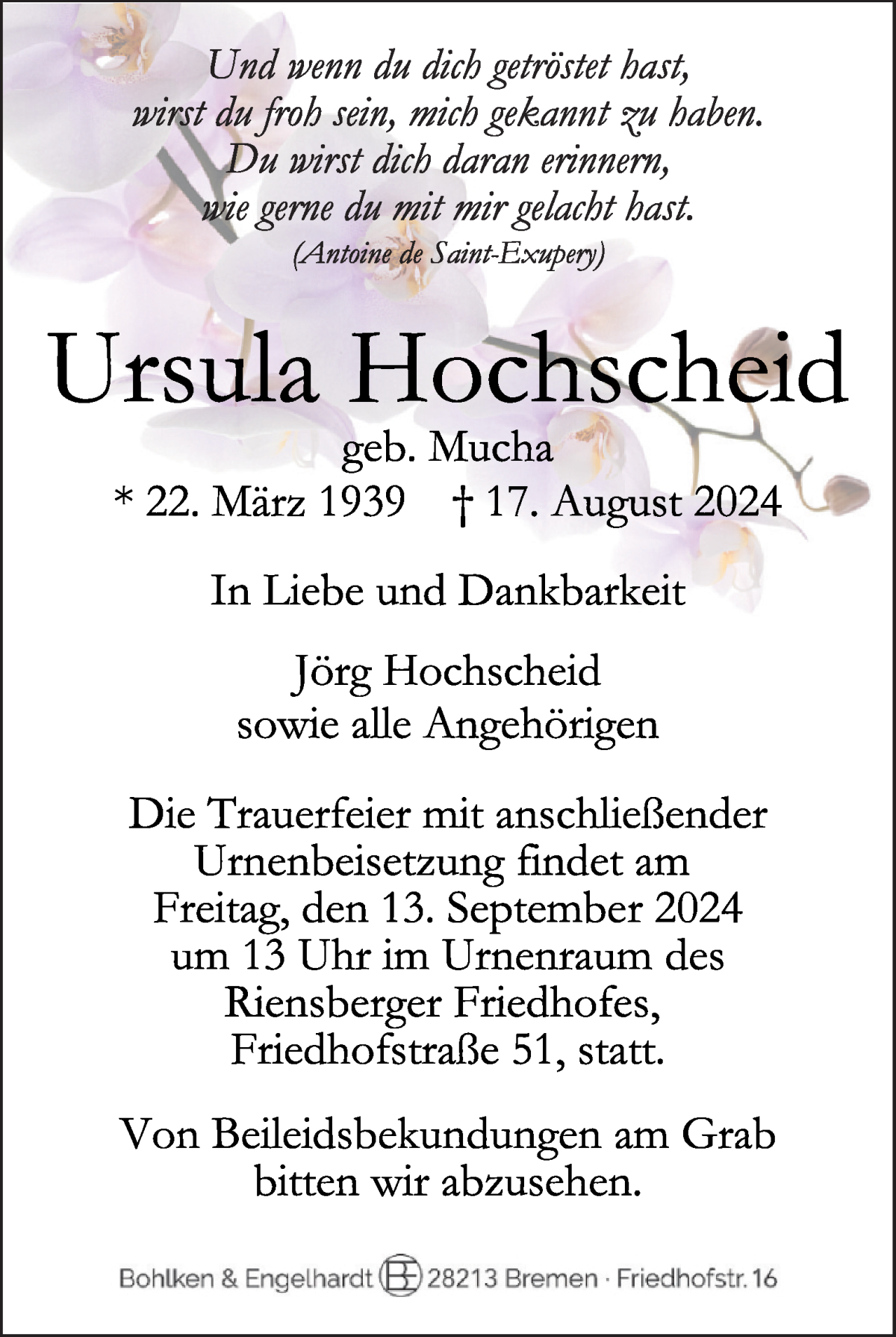 Traueranzeige von Ursula Hochscheid von WESER-KURIER