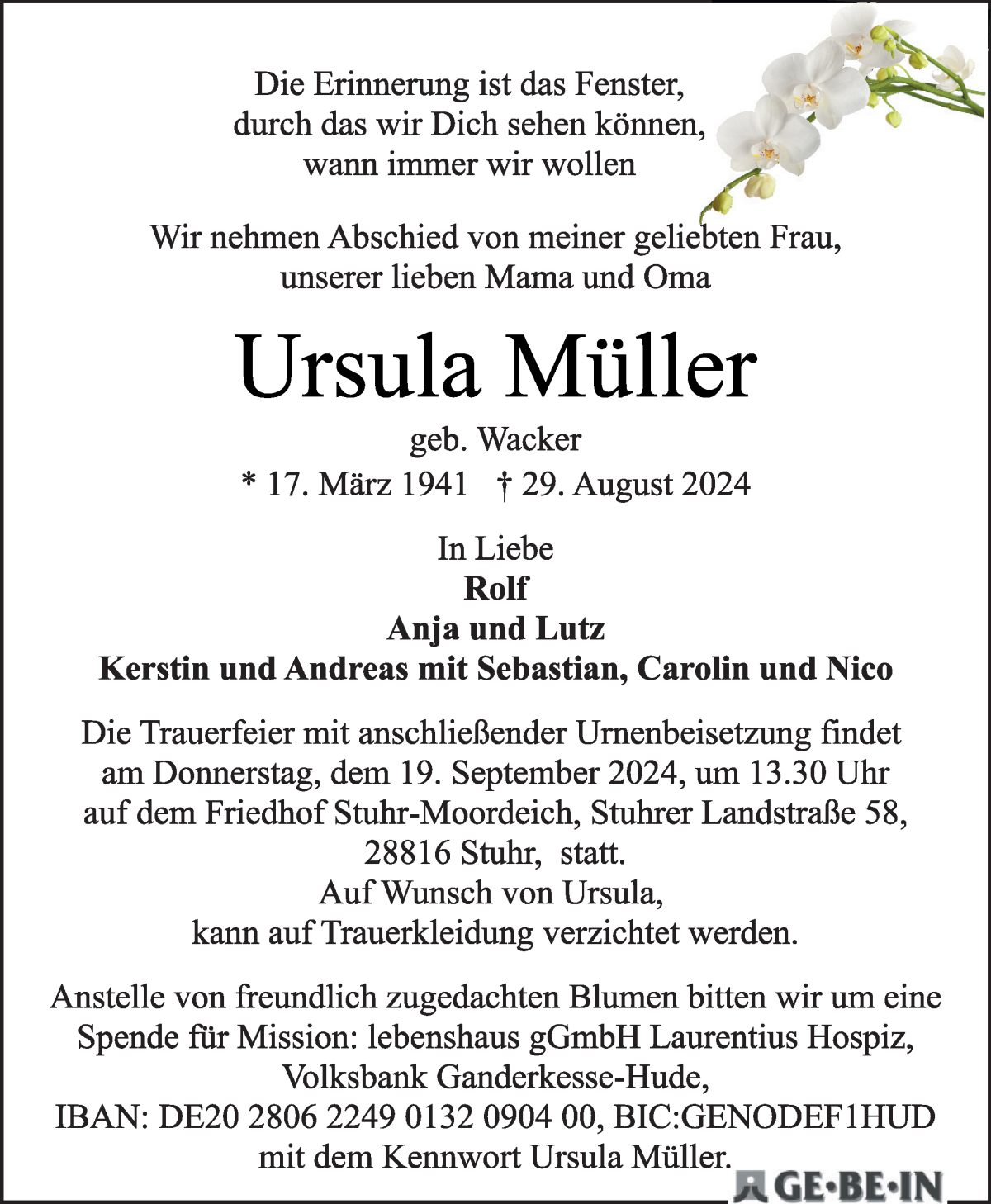 Traueranzeige von Ursula Müller von WESER-KURIER