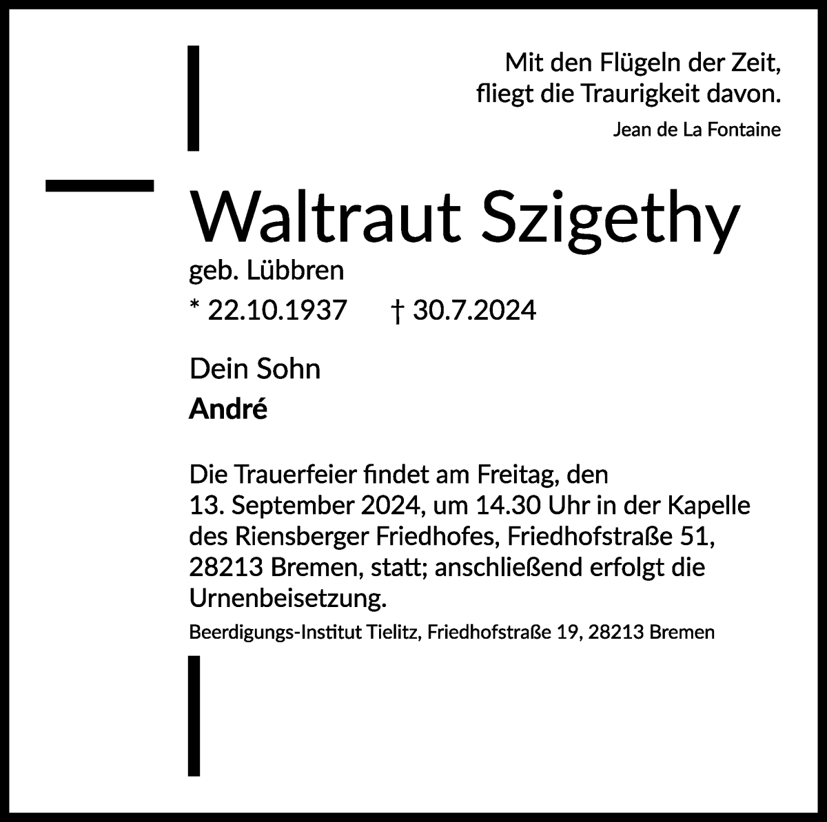 Traueranzeige von Waltraut Szigethy von WESER-KURIER