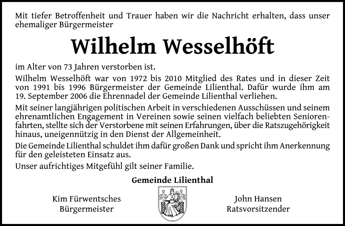 Traueranzeige von Wilhelm Wesselhöft von Wuemme Zeitung